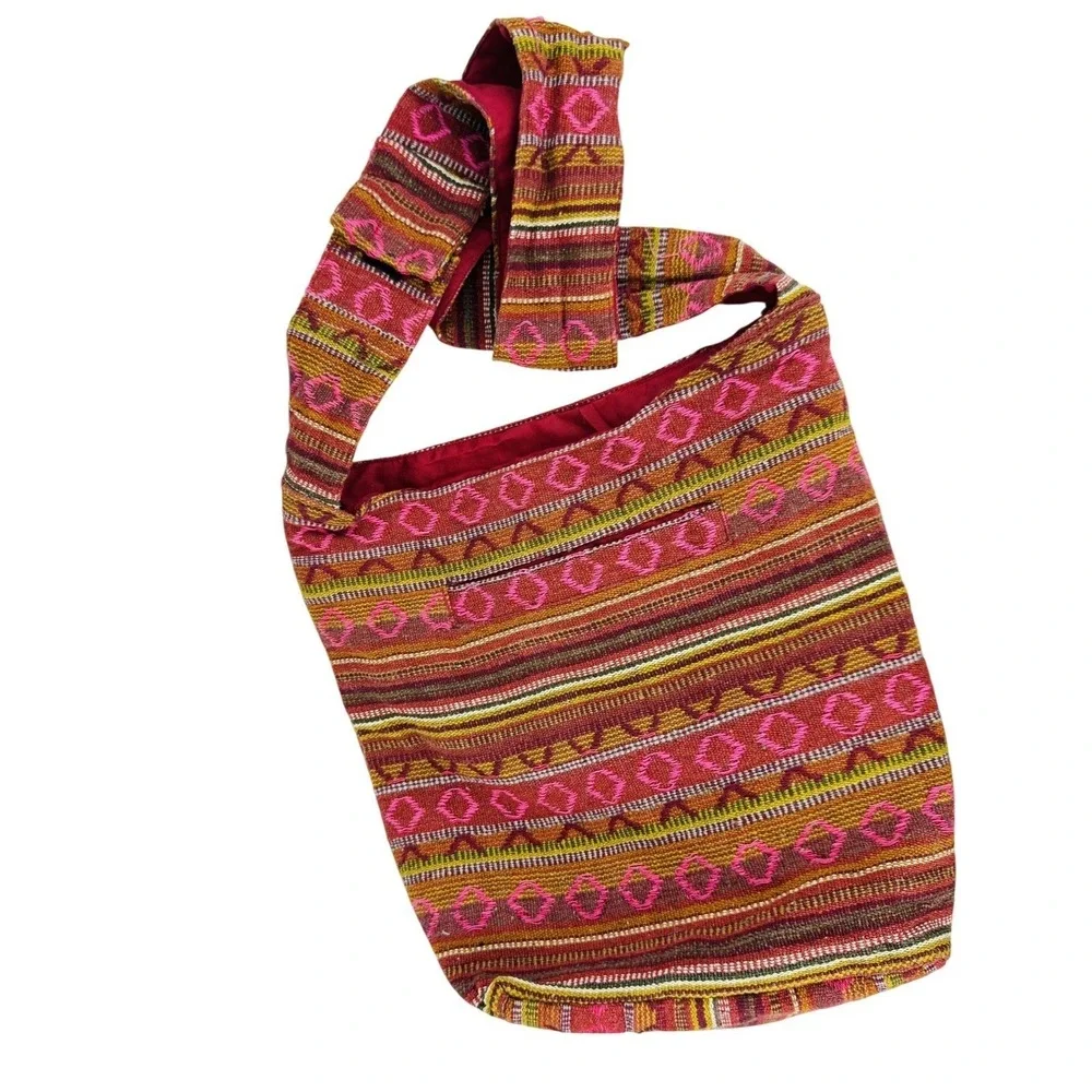 Boho Woven Crossbody Hobo Shoulder Bag Striped Multicolor Zip Pockets Hippie